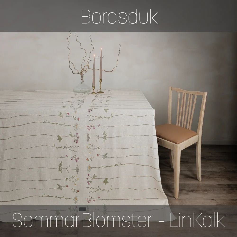 Bordsduk i linne med unik mönsterdesign SommarBlomster i färgen LinKalk från NORDRÅ Sweden. Svensk inredning och presenter