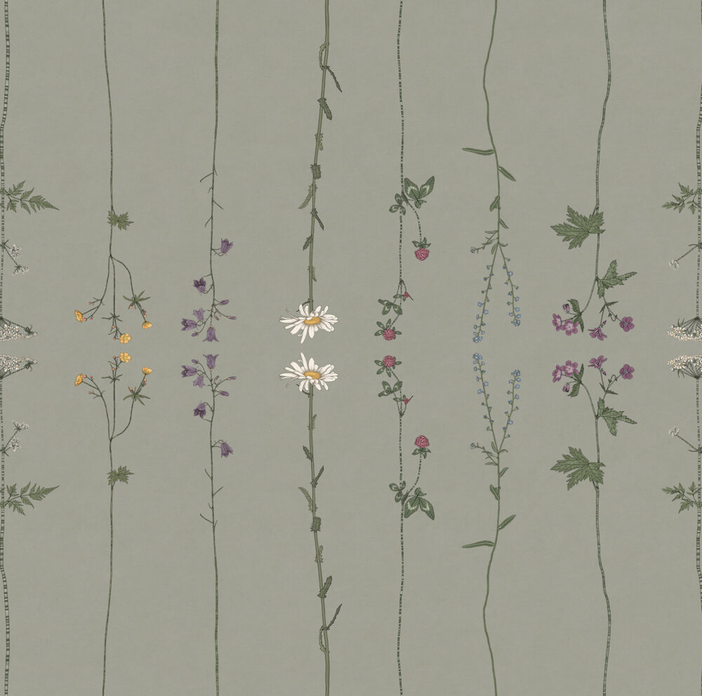 tapet med unik mönsterdesign sommarblomster i färgen åkergrön från NORDRÅ Sweden. Svensk inredning och tapeter
